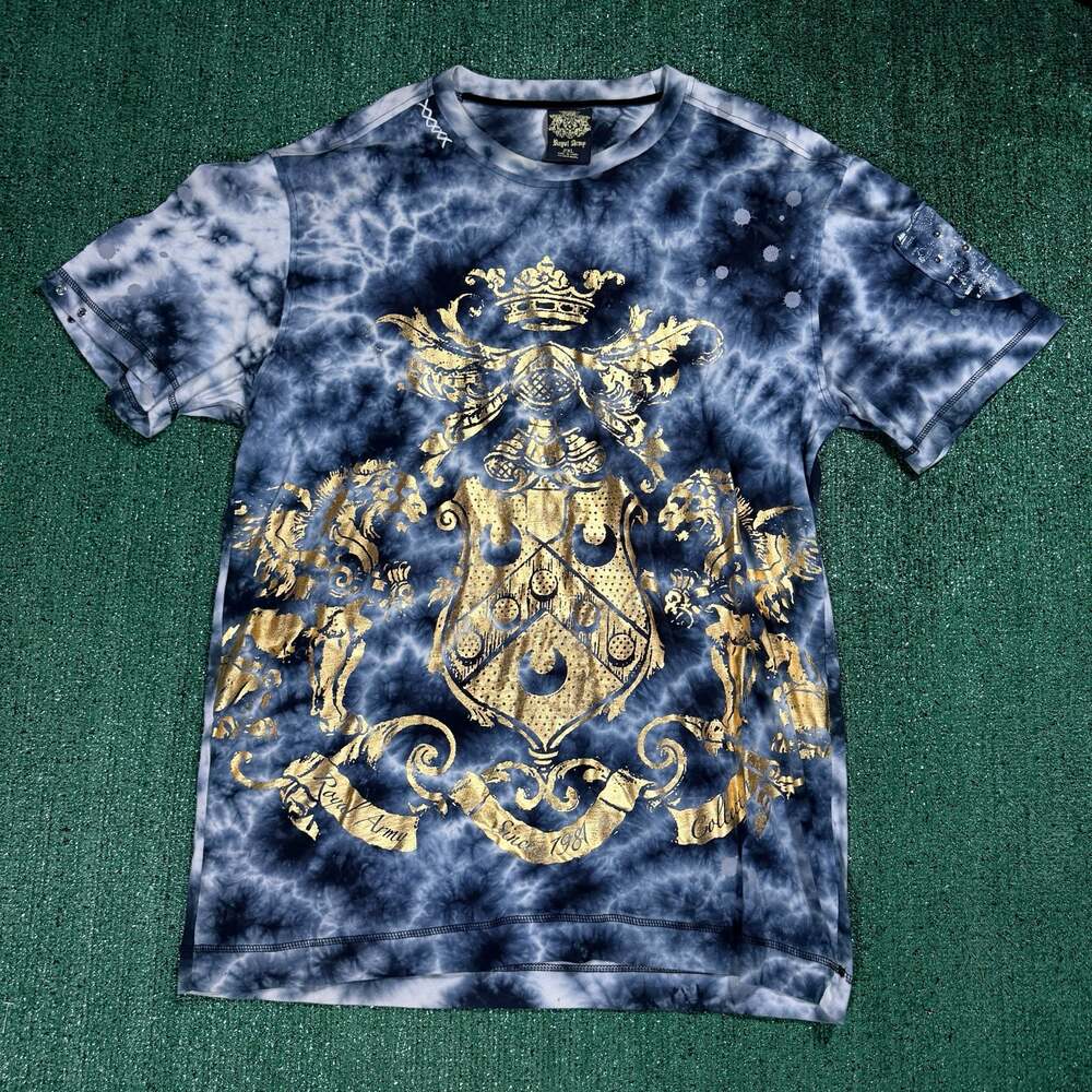Y2K Royal Army Metallic Gold Foil Coat of Arms Tie-Dye T-Shirt 2XL Grunge